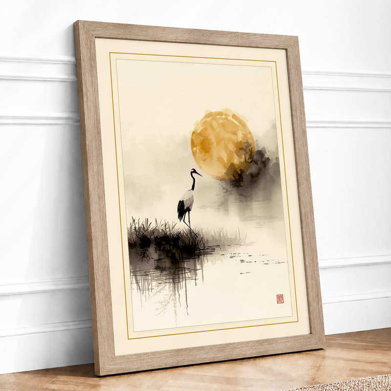 Crane at Dawn Japandi - Framed Print, A4 - 29.7 x 21.0 cm, Oak