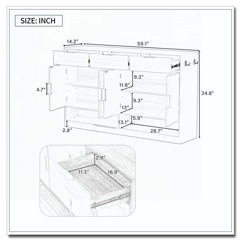 Accent Cabinet With 3 Drawers & 4 Doors, Natural