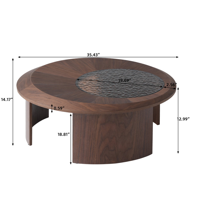 Walnut Wood and Ripple Glass Round Nesting Coffee Table Set