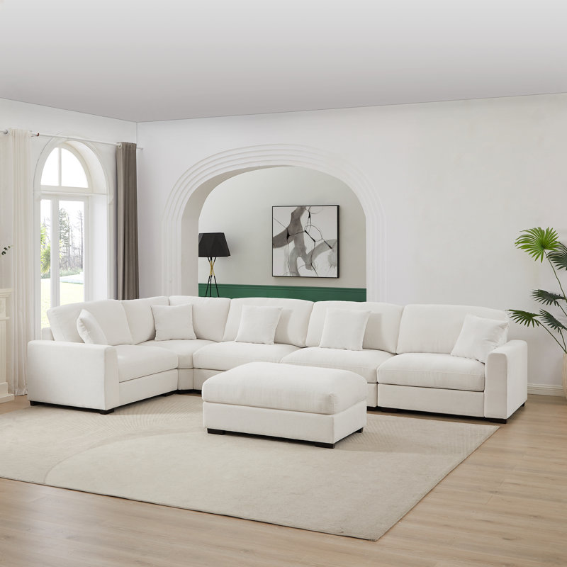 Canapé modulaire très grand avec repose-pieds Eugenja, 100 % polyester blanc, 36.2" H x 124.4" W x 124.4" D
