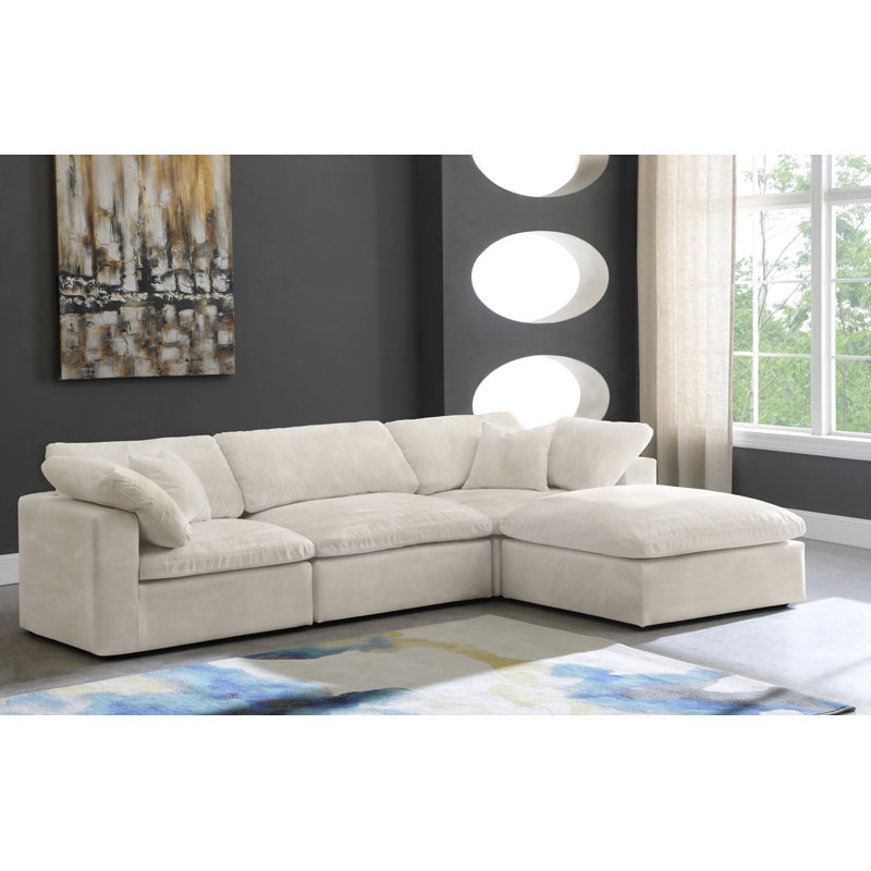 Cozy 119" Wide Velvet Modular Sofa & Chaise with Ottoman, Cream Velvet