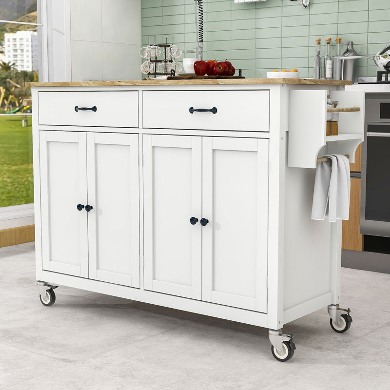 Kitchen Island Cart with Solid Wood Top and Locking Wheels,54.3 Inch Width,4 Door Cabinet and Two Drawers,Spice Rack, Towel Rack (White)