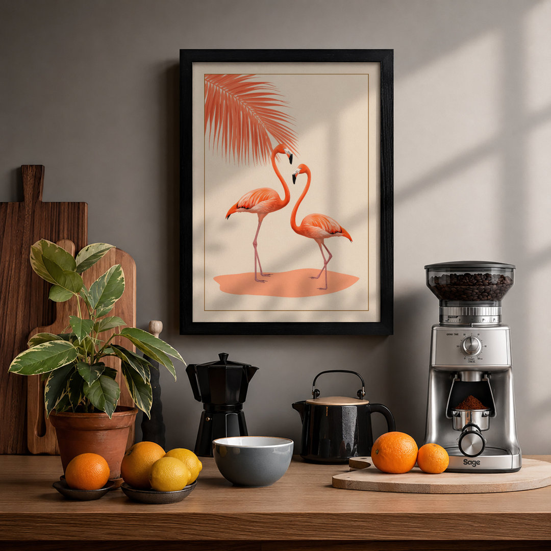 Flamingos Under Palm Tropical - Framed Print