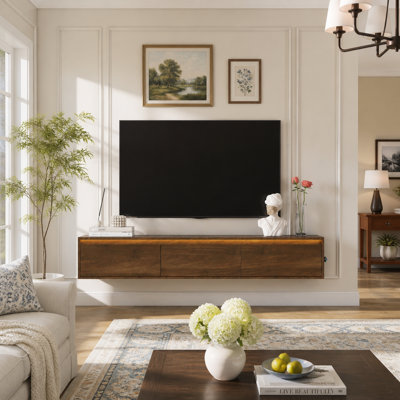 Floating TV Stand with Power Outlets, LED Light Strip, Storage & Cable Management 