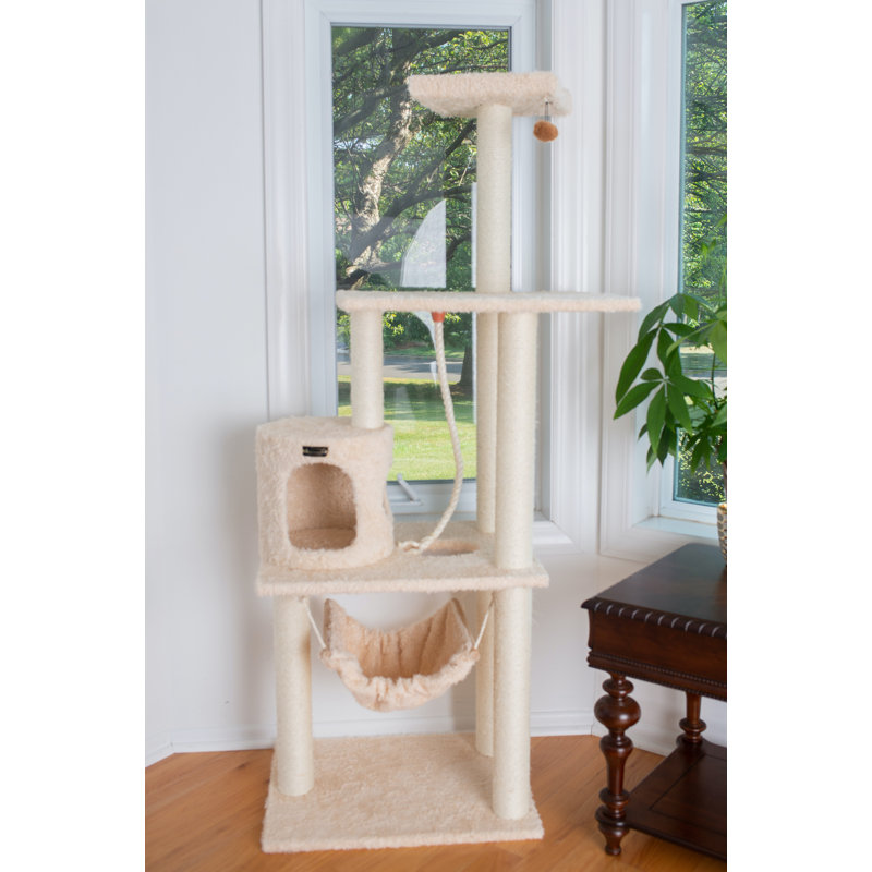 70'' Beige Faux Fur Multi-Level Cat Tree with Sisal Posts