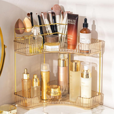 2-Tier Corner Makeup Organizer With Brush Holder, Acrylic Bathroom Countertop Storage For Cosmetics, Perfumes, And Skincare Products