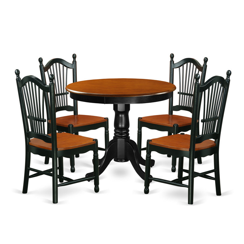 5 Piece Dining Room Table Set Includes a Round Wooden Table with Pedestal and 4 Kitchen Dining Chairs, Black & Cherry