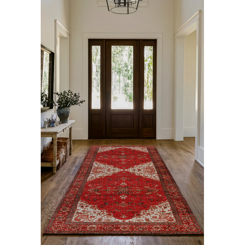 Tapis rouge / beige en coton à imprimé machine Guria, Tapis de couloir 4 pi x 14 pi 10 po