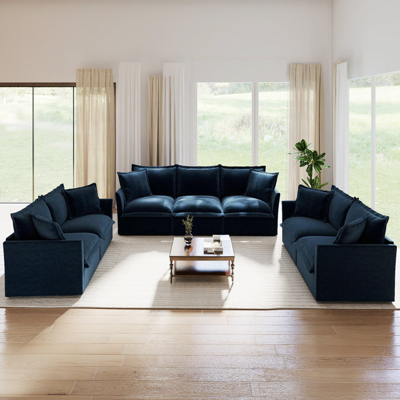 Ensemble de salon, ensemble de 3, canapé en chenille, pour salon, 3 Pcs: 2 Loveseats, Sofa, Blue Chenille