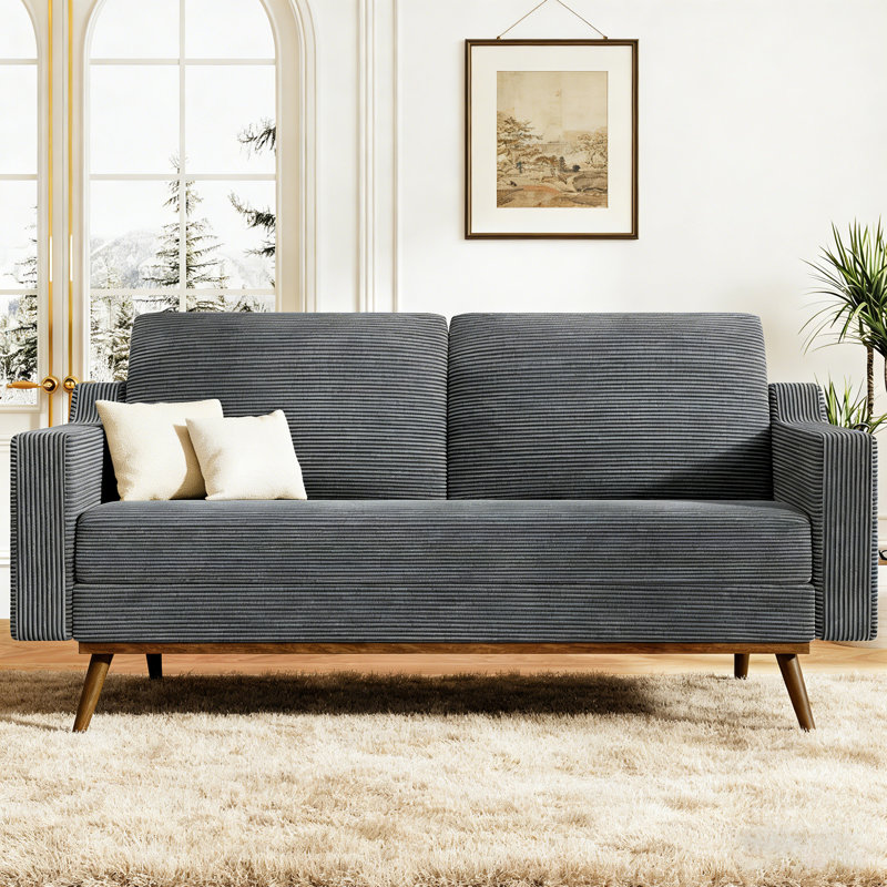 Causeuse 65,4 po - Coussin rembourré en tissu éponge de coton beige Mid-Century moderne pour le salon, la chambre à coucher et le bureau - Structure, support de coussin à ressorts, assemblage sans outil
