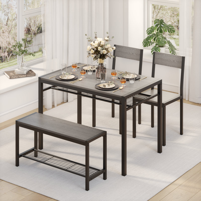 Ensemble de table de salle à manger 4 pièces Erommy, table de cuisine avec banc et 2 chaises, ensemble de table de cuisine peu encombrant avec support de rangement et structure en métal pour petit espace, style moderne pour salle à manger, cuisine, ap