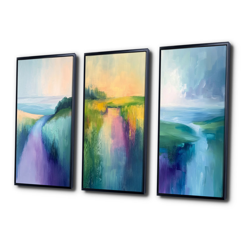 «Blue and Purple Dreamy Landscape Meadow I», collection de 3 grands panneaux modernes sur toile, H 28 po x l 36 po, Noir