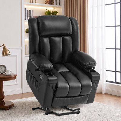 Fauteuil inclinable électrique à deux moteurs avec massage et chaleur, fauteuil inclinable électrique à position infinie avec USB A&C, porte-gobelets (T6010 - Similicuir, noir, moyen)