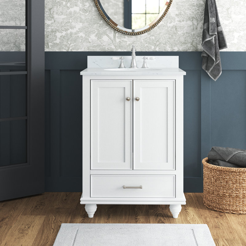 Ensemble de meuble-lavabo simple 24 po Angelissa, Grain blanc, Pierre naturelle blanc de Carrare