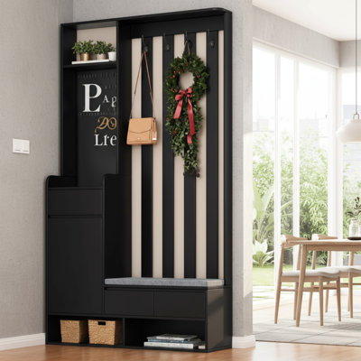 The Black Modern Hall Tree Storage Cabinet Has An Integrated Padded Storage Bench, A Hallway Shoe Cabinet And A Pegboard Coat Rack, With 4 Entry Hooks, Suitable For Mudrooms, Which Is Stylish And Practical.