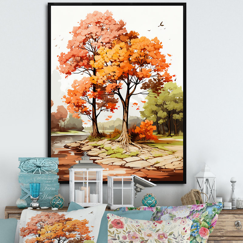 " Two Orange Trees In Autum Watervolor ", 44" H x 34" W x 1.5" D, Black Floater Framed