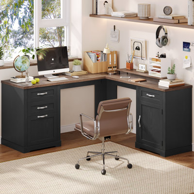 59.8"W Farmhouse L Shaped Executive Desk With Drawers, Home Office Corner Desk With Charging Station