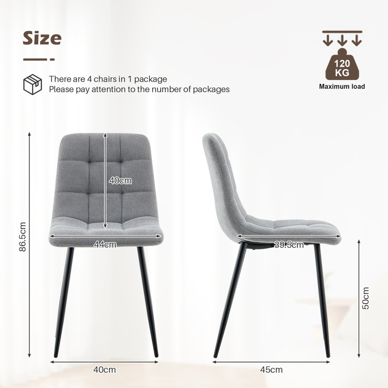 50cm H Upholstered Metal Side Chair, 4, Lightgrey, Chenille