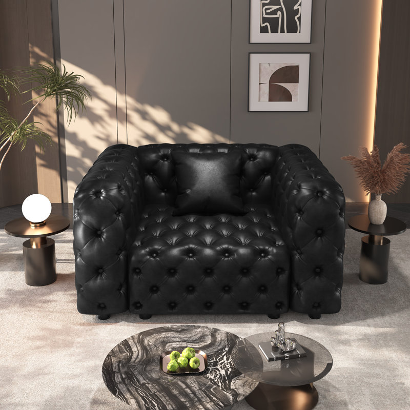 Canapé simple Chesterfield 48,4 po en similicuir moderne avec très grand coussin, Noir