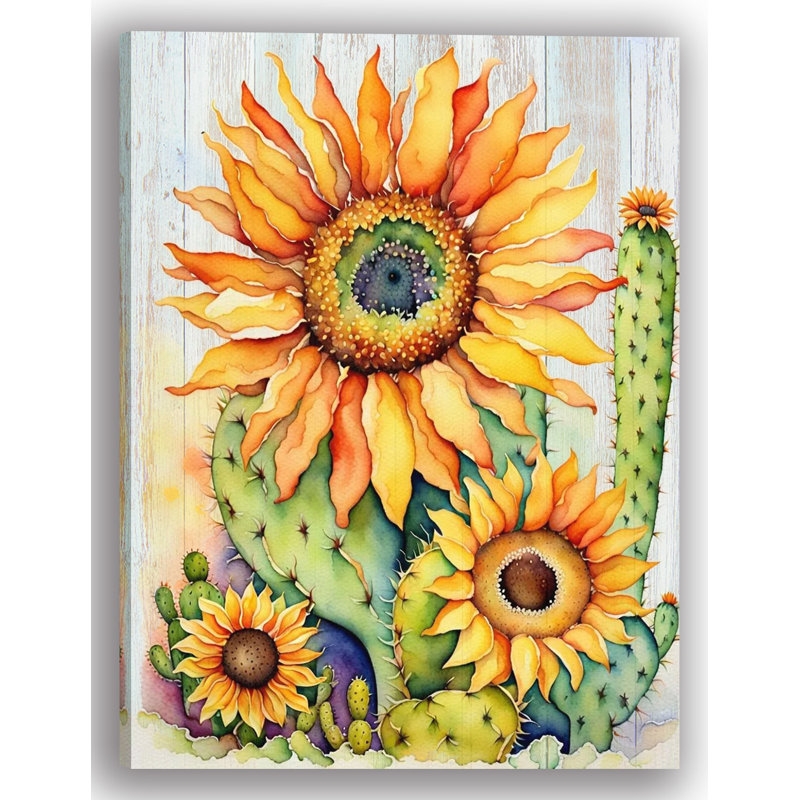 Tournesol et cactus en fleurs sur bois patiné, art mural, H 16 po x l 12 po x P 1 po