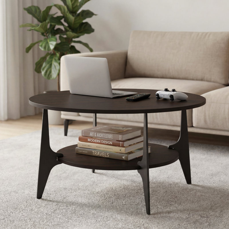 Table basse ronde de 30,71 po avec tablettes de rangement à 2 niveaux et pieds en fer massif pour le salon, la chambre à coucher et le bureau