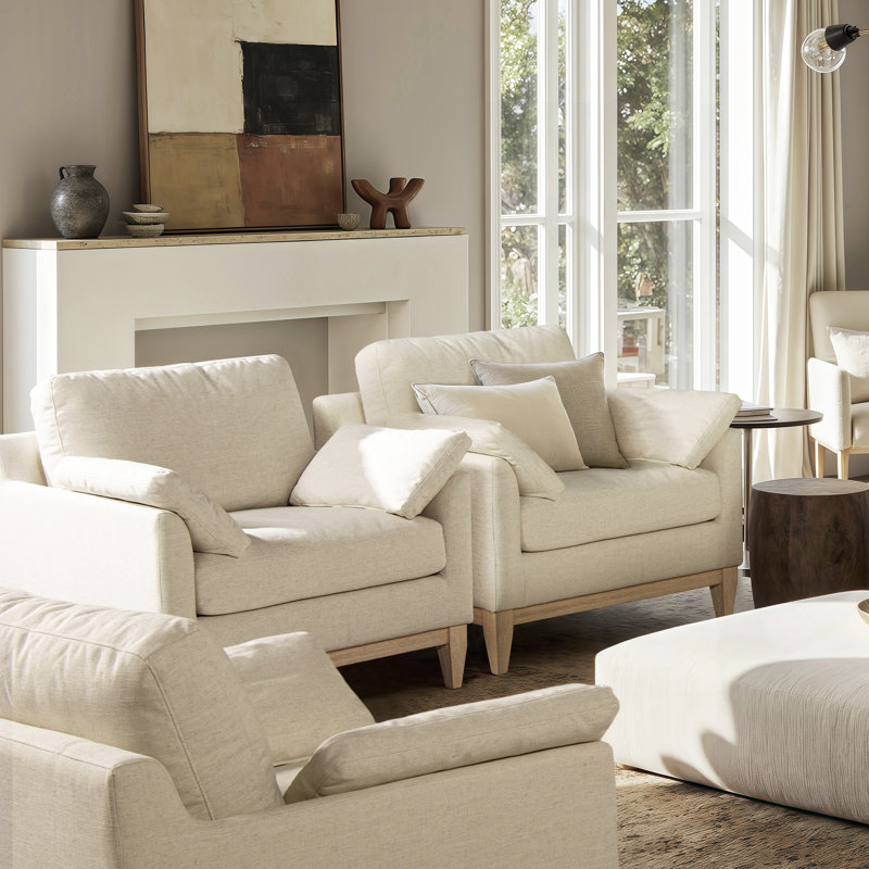 Pasadena 36" Wide Modern Farmhouse Accent Arm Chair, White Linen Blend