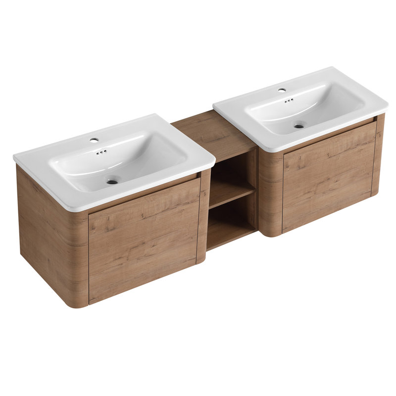 Meuble-lavabo mural de 68 po avec lavabo en céramique blanche et tablettes de rangement et 1 porte à fermeture en douceur, emballage KD, contreplaqué