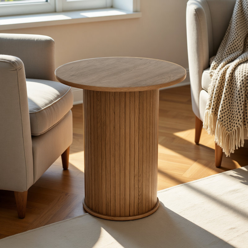 21.7" Tall Mid-Century Modern Tambour Round End Table, Brown