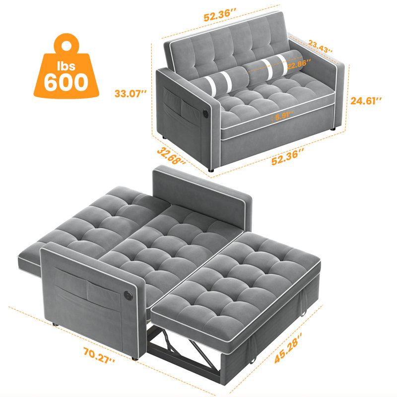 Brittany 54.2" Velvet Sleeper Sofa with USB Port and Storage Side Pockets, Gray