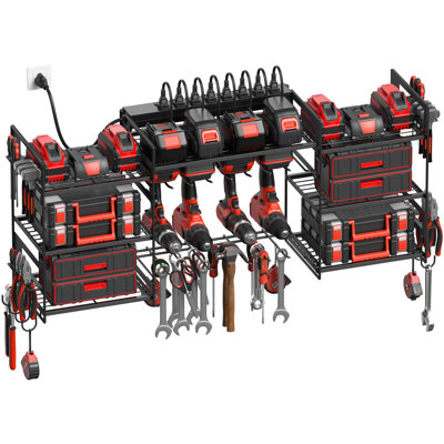 Black Power Tool Organizer Wall Mount, Large Tools And Battery Storage Rack Charging Station Individual Switches. Drills Holder, Garage Utility Shelves With 6FT Power Strip. Gift For Men.