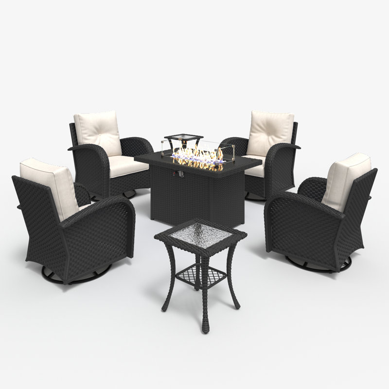 Lark Manor™ 7 Pieces Outdoor Patio Furniture Set with Fire Pit Table, Rattan Wicker Sectional Swivel Rocker Chairs Sets