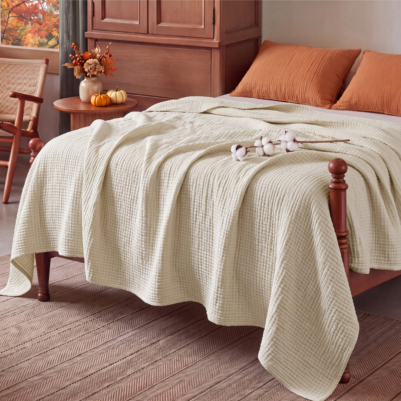 Bedsure 100% Cotton Muslin Blanket, 4-Layer Lightweight Gauze Blanket for Dorm, Couch & All-Season Comfort, King, Beige