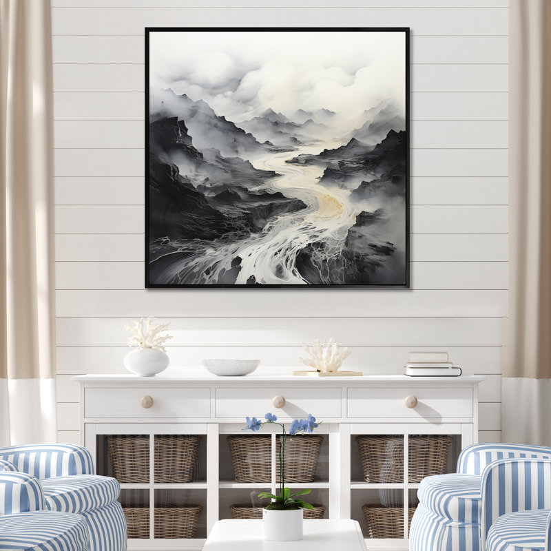 «Black and White Mystic Mountain River I», reproduction sur toile, H 36 po x l 36 po x P 1,5 po, Cadre flottant noir