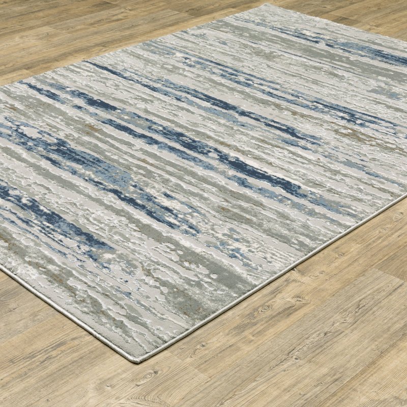 Tapis bleu et gris à rayures abstraites tissé à la machine, Rectangle 7 pi 10 po x 10 pi 10 po