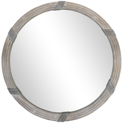 30.75" Wood Wall Mirror, Farmhouse Decorative E Round Mirror For Wall Decor In Living Room, Bedroom Wood Color