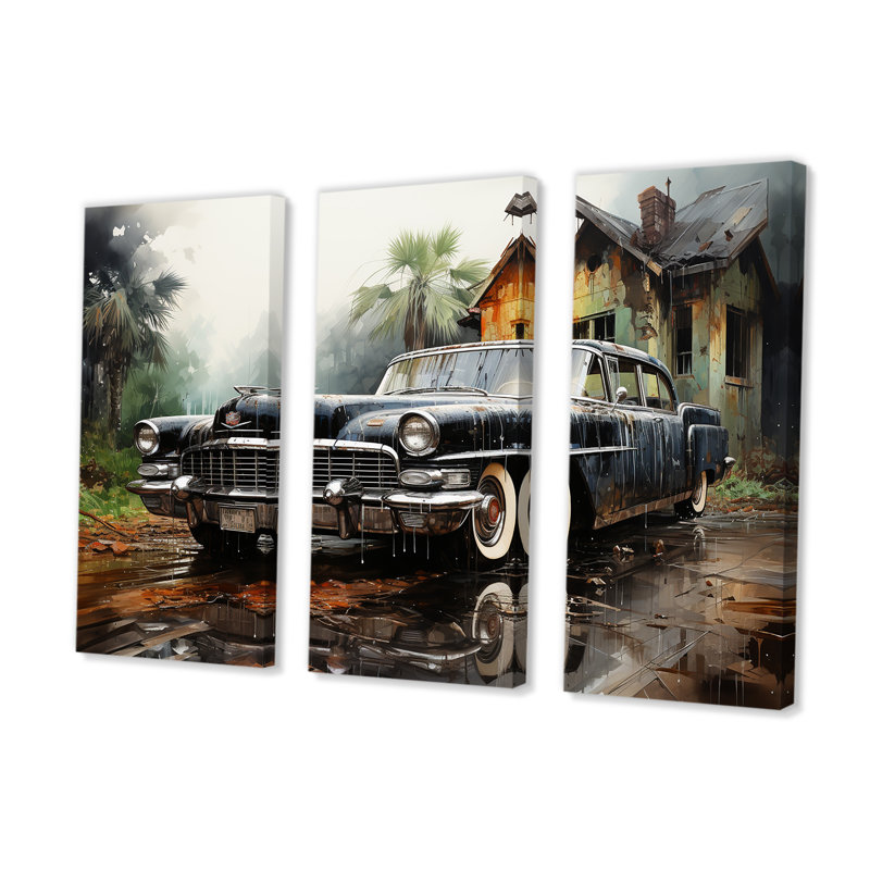Noir Vintage Car Elegance - ensemble de salon art mural voiture rétro, H 40 po x l 60 po x P 1 po