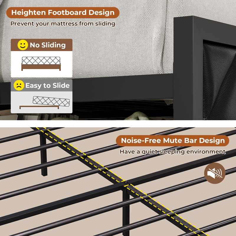 King size headboard and charging station, Platform bed frame with LED lights, Sturdy and stable, No noise, No box spring required, Easy to assemble, Black
