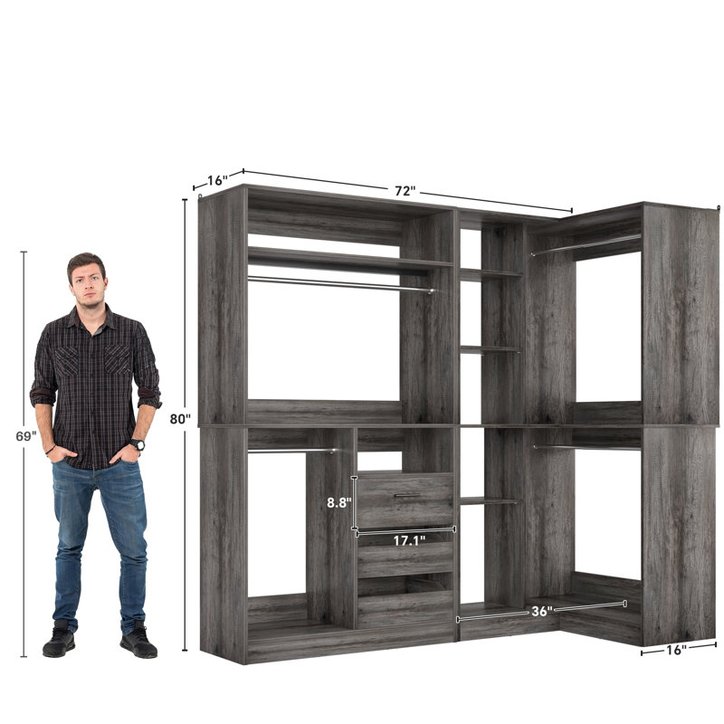 72"Closet System With 3 Drawers,3 Long Rods And 1 Short Rod, Gray
