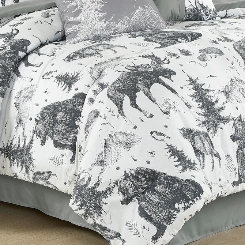 Denver 7-Piece Grizzly Bear Wolves Moose Cabin Lodge Comforter Set, Queen Comforter+2 Standard Shams+3 Throw Pillows