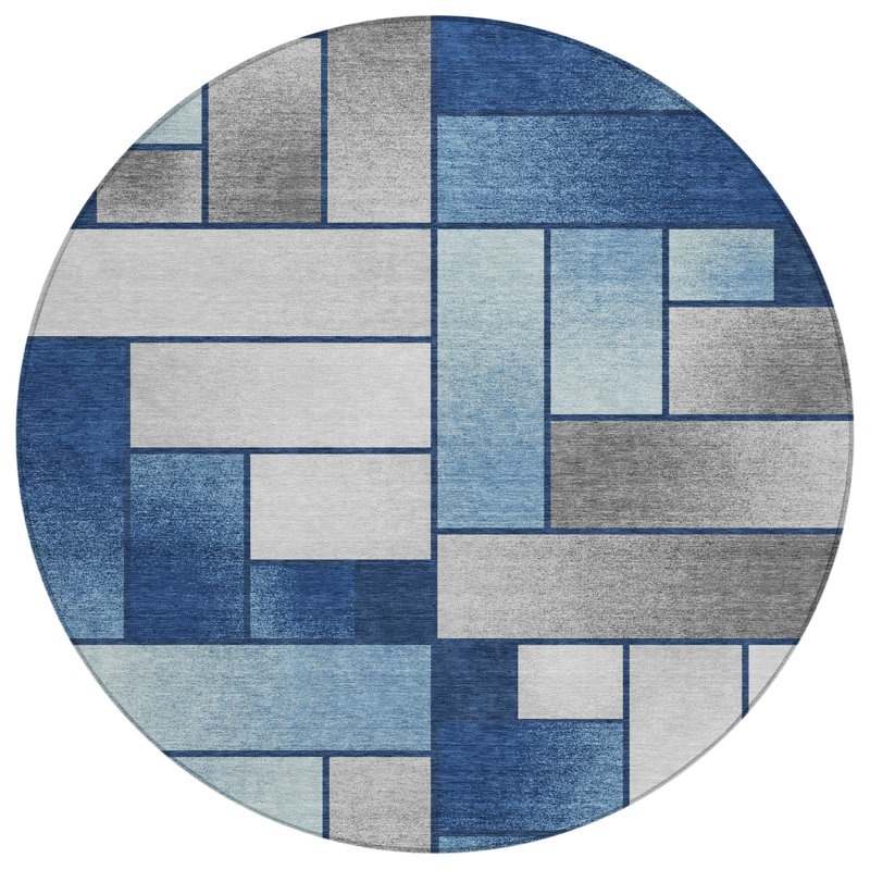 Machine Washable Indoor/Outdoor Chantille ACN2709 Geometric Rug, Marine, Rond 8 pi