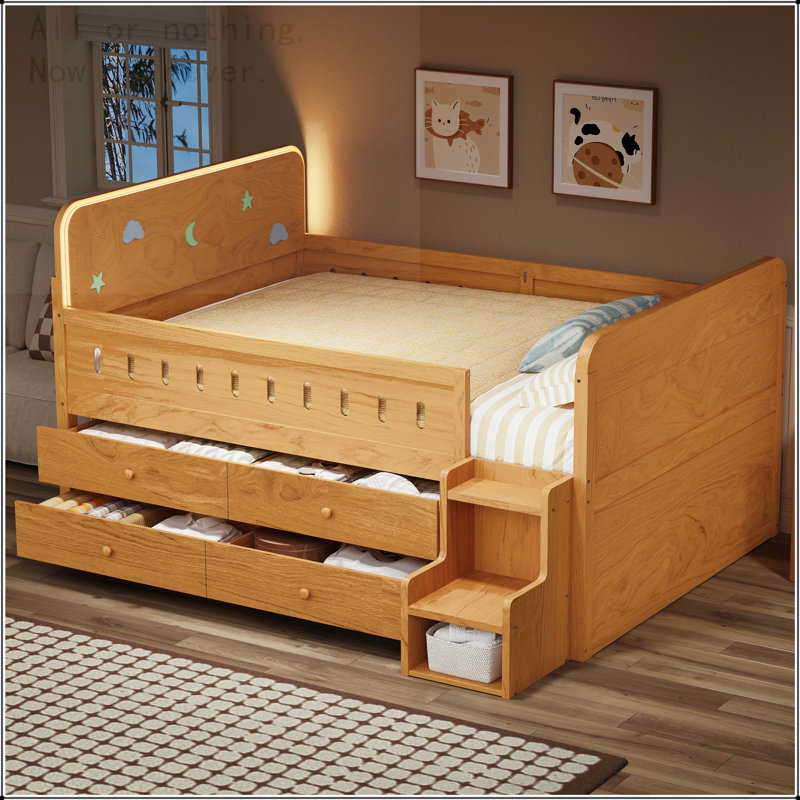 Lit double en bois avec lumière DEL et tiroirs de rangement, Bois