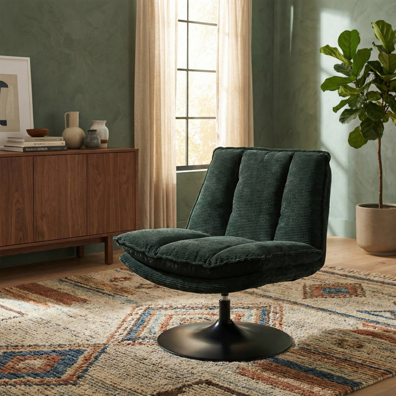Aleynna Corduroy Upholstered Swivel Accent Chair, Dark Green