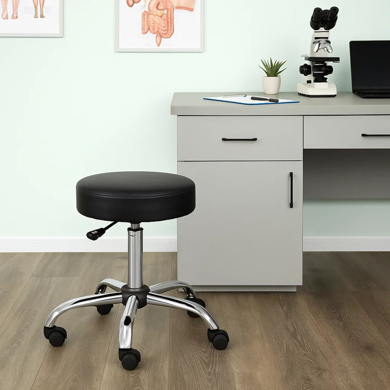 Tabouret pivotant médical Fea, siège rembourré rond noir, base roulante chromée, Noir