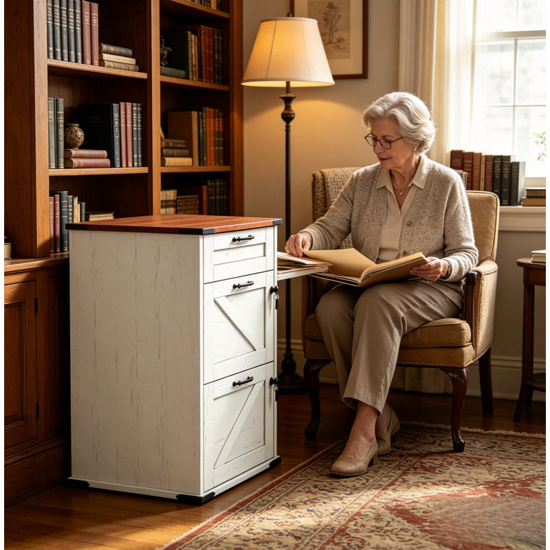 Classeur à tiroirs verrouillable de style ferme, meuble de rangement en bois blanc vieilli avec plateau en bois brun, support pour imprimante de bureau à domicile