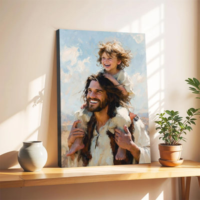 Peinture à l'huile impressionniste représentant Jésus portant un jeune enfant joyeux sur ses épaules, paysage champêtre ensoleillé. Grande toile tendue sur châssis, idéale pour le salon ou la chambre.