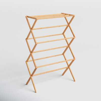 Portant à linge en bambou pliable haut de gamme avec cadre stable à 11 chevilles et tablette pour le séchage à plat