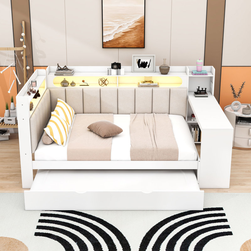 Daybed with Shelves,Trundle,Charging Station,LED Light and Desk, White/Beige