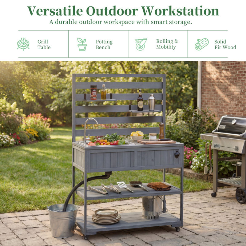 4-Piece Outdoor Rolling Kitchen Island with Sink w/Faucet, Solid Wood Grill Table with Storage Cabinets, Drawers, Stainless Table Top and Movable Shelves for Garden