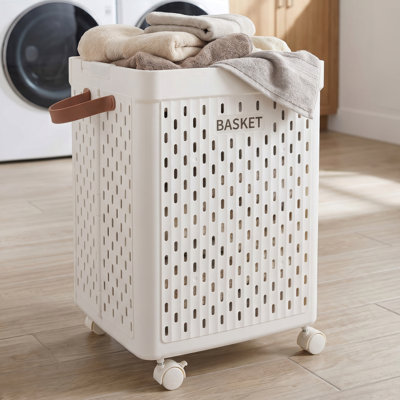 Plastic Laundry Basket with Wheels and Handles - 65L Foldable Laundry Hamper for Bathroom, Bedroom, or Dorm Room - Space-Saving Dirty Clothes Hamper (White)