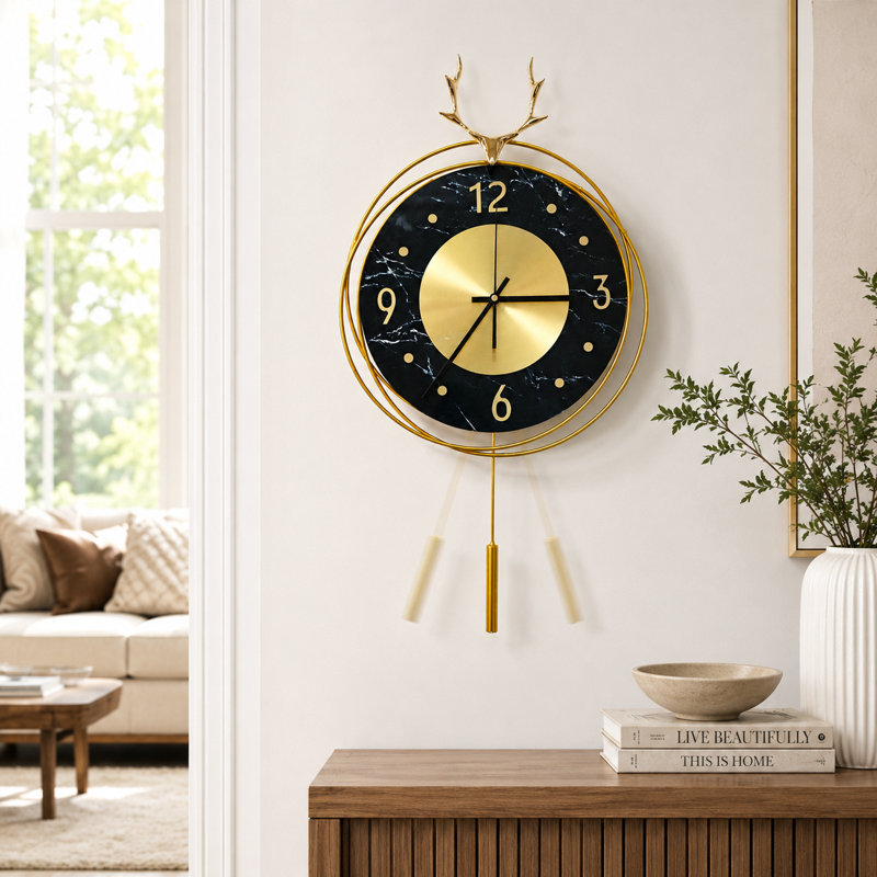 Horloge murale verticale verticale dorée et noire à pendule, horloge décorative moderne de 22 po pour la maison, le bureau, le salon, la chambre à coucher